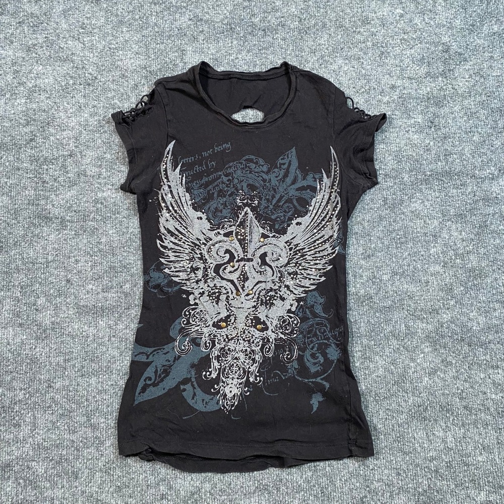 Black Wing Fleur De Lis Graphic Tee Rhinestone Braided Back Cutout Top